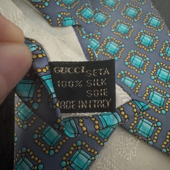 Gucci 100% Silk Necktie Luxury Multicolor Geometric Diamond Pattern Made In Ital - Picture 5 of 8
